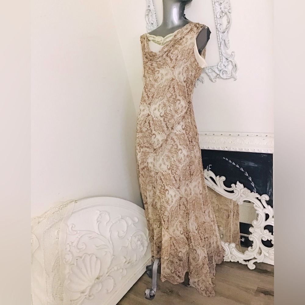 VINTAGE ICE 100% Silk Beaded Shear Maxi Dress